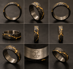 KYNTSU Forged Ring showing multiple views of the fractured surface and gold PVD detailing - view 3