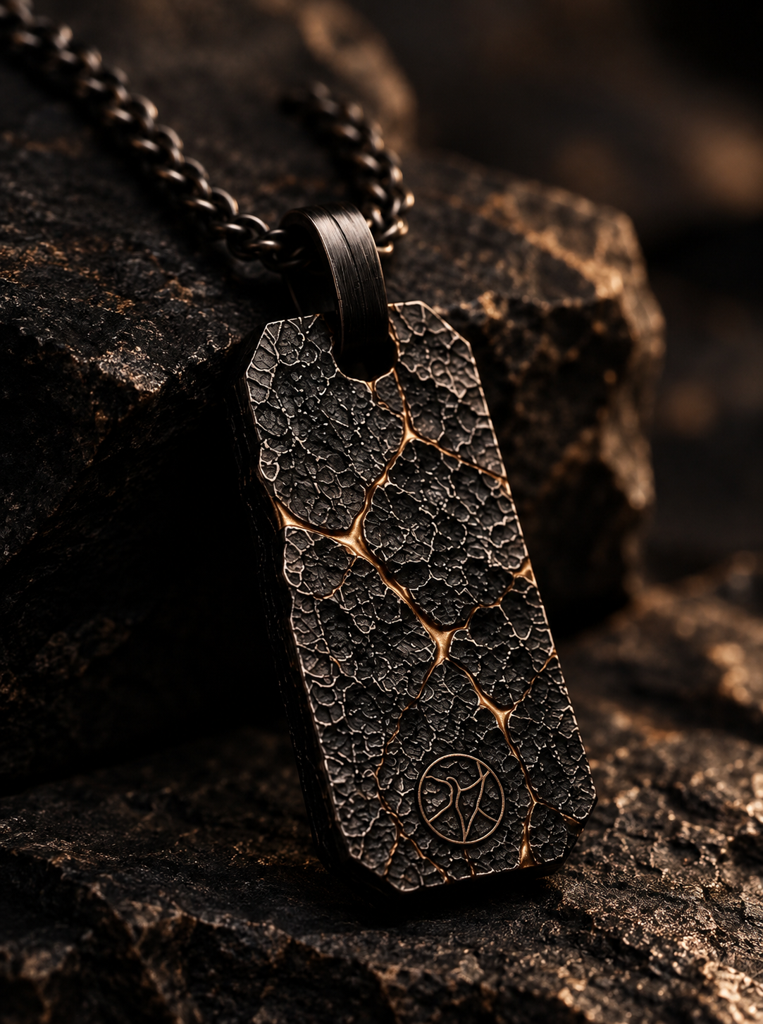 KYNTSU The Dog Tag pendant - black forged metal with gold fracture detail