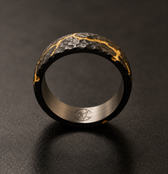 KYNTSU Forged Ring showing fractured black surface and gold PVD detailing - view 2