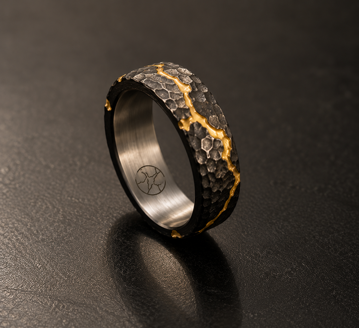 KYNTSU Forged Ring men's ring in black 316L stainless steel with gold PVD detailing
