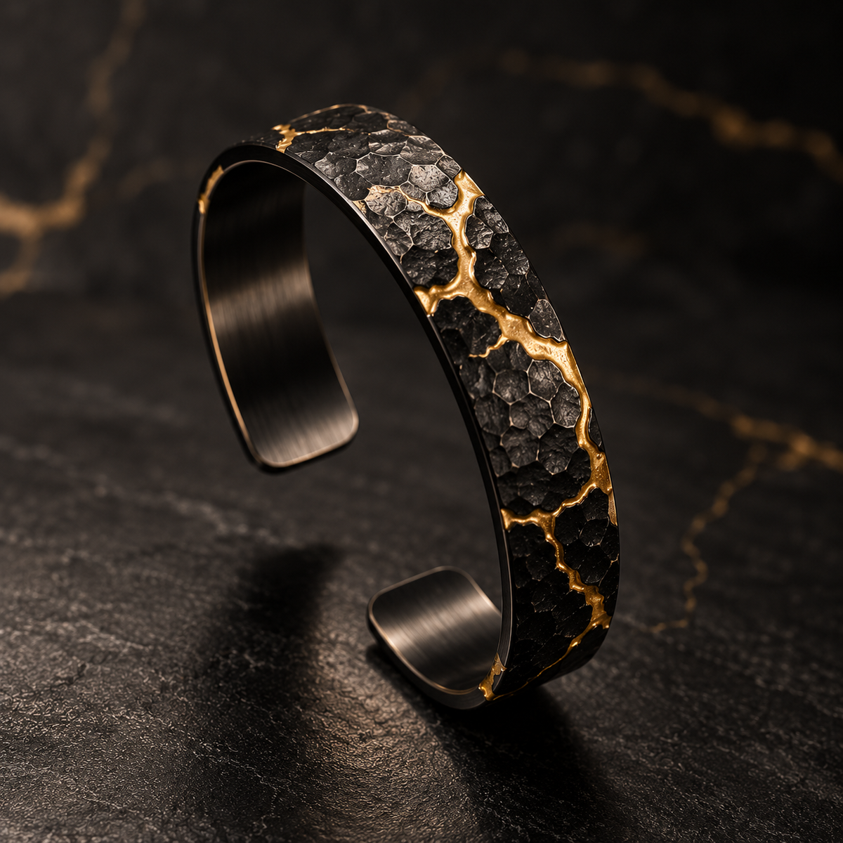 KYNTSU Fractured Cuff - black forged cuff with gold fracture details