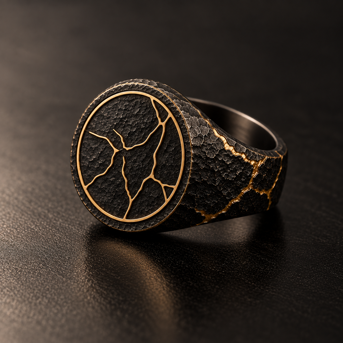 KYNTSU The Signet - black forged signet ring with gold fracture details